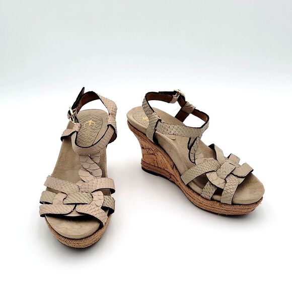 Earthies 8B Wedge Heel Sandals Corsica Tan Biscuit Leather Cork 3in Casual Beach - Picture 1 of 15